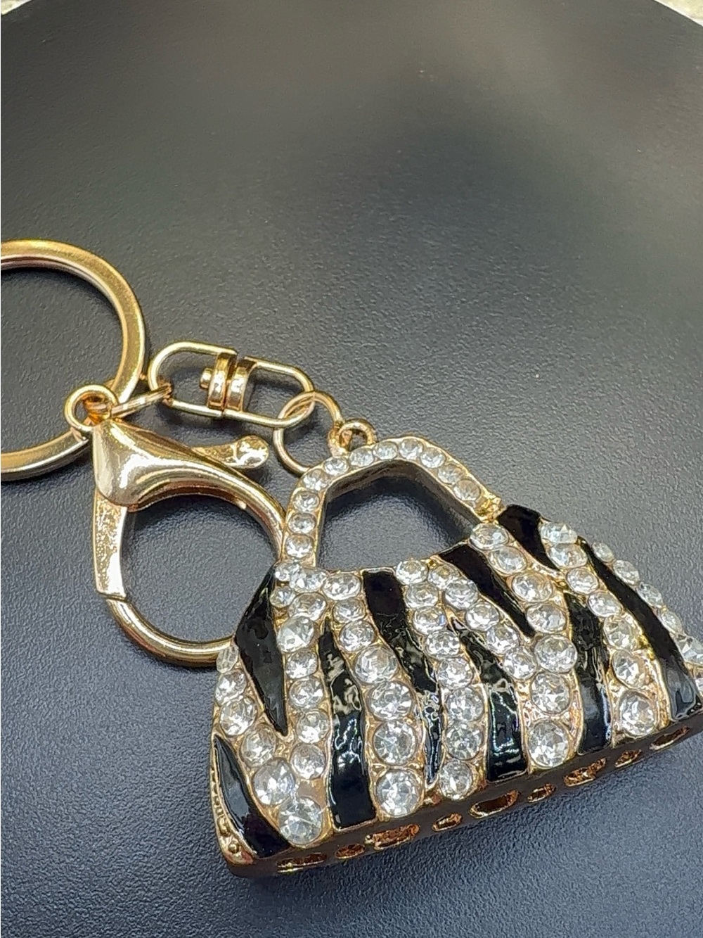 Crystal-Embellished Black and Gold Handbag Keychain